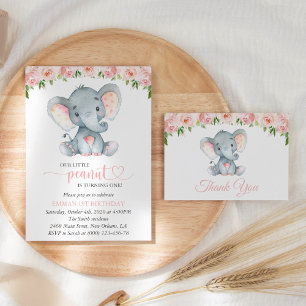 Elephant, Pink Watercolor Flowers, First Birthday Invitation