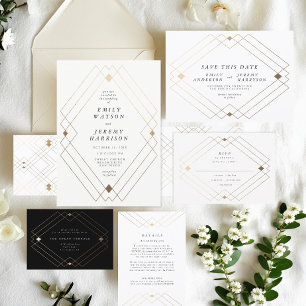 Gold Diamond White Geometric Deco Gatsby Wedding RSVP Card