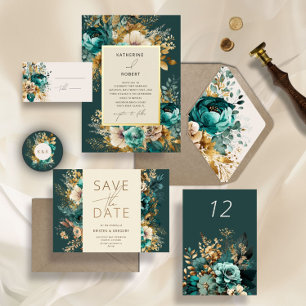 Watercolor Teal Gold Save the Date Invitation