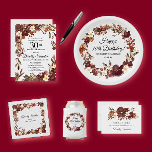 Burgundy Red Mauve Fall Flowers 30th Birthday Can Cooler