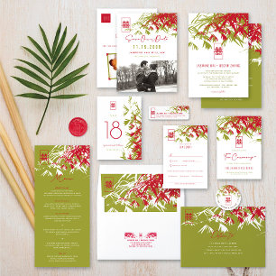 Red Green Bamboo Leaves Double Xi Chinese Wedding Invitation