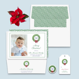 Classic Boxwood Wreath Red Green Merry Christmas Holiday Card