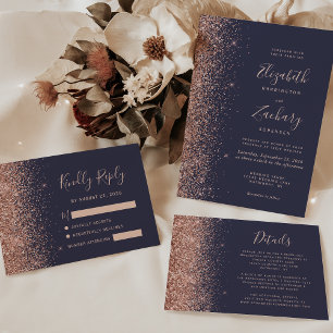 Modern Dark Blue Rose Gold Glitter Edge Wedding Invitation