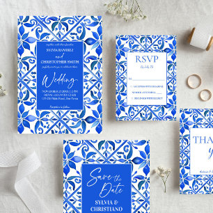 Blue Talavera Spanish tiles all in one wedding Invitation