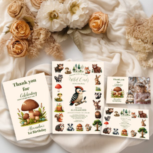 Photo Woodland Animals Greenery Wild One 1st  Thank You Card