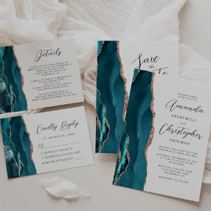 Agate Teal Rose Gold Modern Script Wedding Save The Date