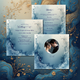 blue white Dreamy coastal marble ink wedding Invitation