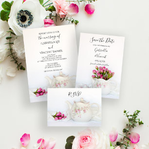 Teapot with Pink Roses Wedding RSVP Reply Card