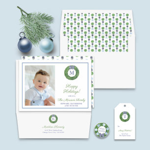 Modern Boxwood Topiary Ginger Jars Merry Christmas Holiday Card