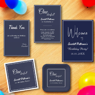 Minimal Chic Navy Blue White Delicate 1st Birthday Thank You Card