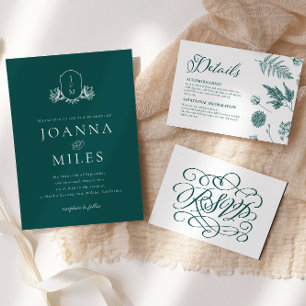 Vintage Botanical Monogram Jade Wedding Invitation