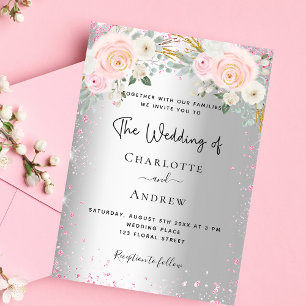 Silver pink florals budget wedding invitation