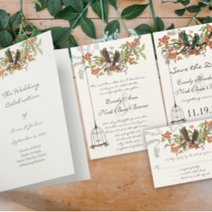 Vintage Birds Turquoise and Orange Damask Wedding Invitation