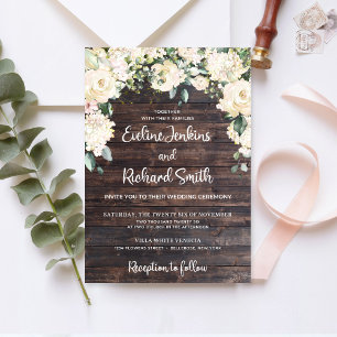 Rustic wood vintage greenery white rose vow invitation