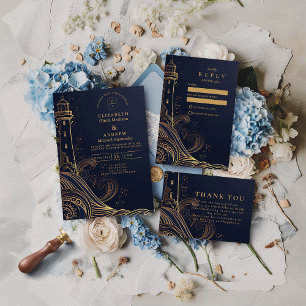 Gold Lighthouse Night Wedding Save The Date