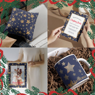 Blue Gold Stars Elegant Vintage Christmas Party Invitation