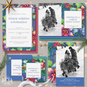 Winter Solstice Pink Poinsettia Holly Berries Yule Holiday Card