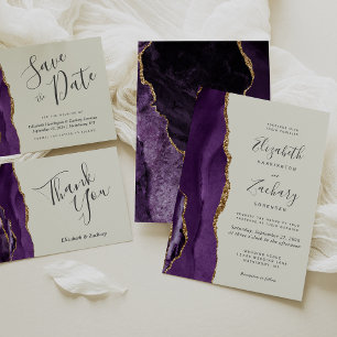 Modern Purple Gold Agate Ivory Wedding Invitation