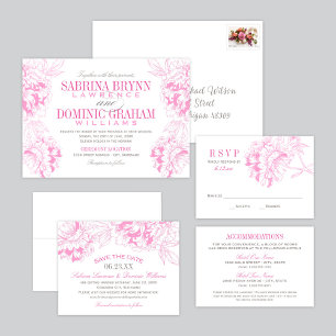 Elegant Floral Peony Wedding Fuchsia Grey Invitation