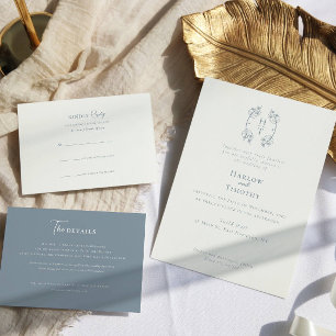 Simple Stylish Dusty Blue Monogram Formal Wedding RSVP Card