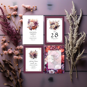 Plum, Grey, Copper and Dusty Rose Floral Wedding Invitation