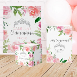 Pretty Pink Floral Quinceañera Silver Tiara Party Poster