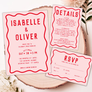 Bold Bright Pink Red Squiggle Wavy Retro Wedding Invitation