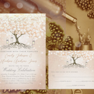 Simply Pink Heart Leaf Tree Love Bird Wedding Invitation