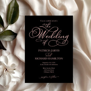 Elegant Black Rose Gold Foil Script Wedding Invitation