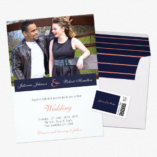 Navy Blue and Coral Photo Wedding Invitation