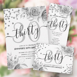 Silver Floral Glitter 30th Birthday Script Invitation