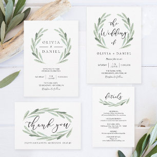 All In One Watercolor Olive Leaf Wreath Wedding Invitation