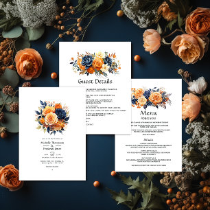 Navy and Orange Floral Wedding Invitation
