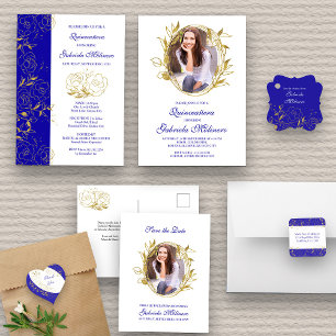 Quinceanera and Mass Royal Blue and Gold Floral Invitation
