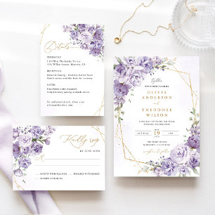 Lavender Floral Gold Geometric Wedding RSVP Card