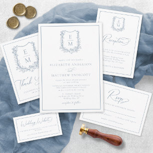Elegant Dusty Blue Floral Wedding Monogram Crest RSVP Card