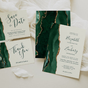 Modern Emerald Green Gold Agate Ivory Wedding Invitation