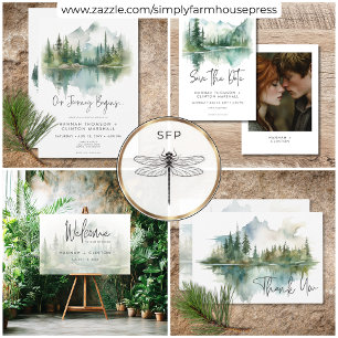 Rustic Mountain Lake Scene Watercolor Wedding Save The Date