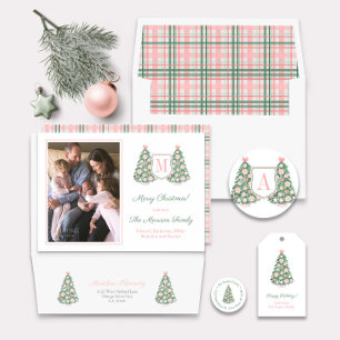 Maximalist Pink Green Monogram Christmas Photo Holiday Card