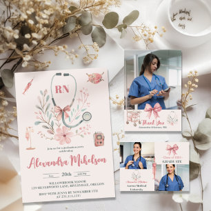Pink 2 Photo Watercolor Nursing School Graduate  Announcement