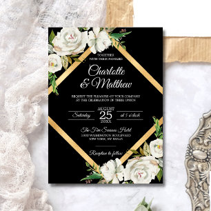 Watercolor White Navy Blue Gold Floral Wedding Invitation