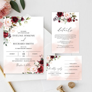Boho burgundy blush pink floral tied the knot invitation
