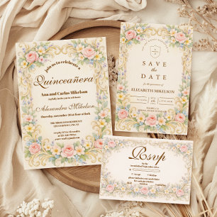 Pastel Garden Baroque Quinceañera Invitation
