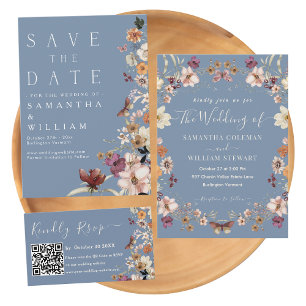 Pastel Boho Wildflower Rustic Periwinkle Wedding Invitation