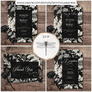 Dark Gothic Vintage Black & White Floral Damask Save The Date