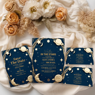 Celestial Navy Gold Crescent Moon Wedding Save The Date