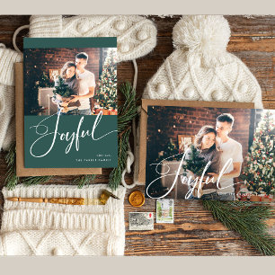 Joyful   Elegant Script and Photo Christmas Holiday Card