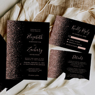 Modern Black Rose Gold Faux Glitter Edge Wedding Invitation