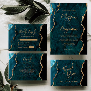 Teal Blue Gold Agate Script Wedding Thank You Card