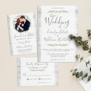 Rustic Wood Botanical Wedding + Details Invitation